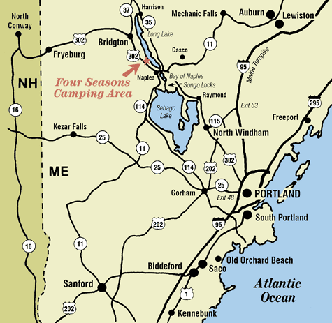 Four Seasons Camping Area is conveniently located midway between Portland and North Conway, directly off Route 302 in Naples, Maine.